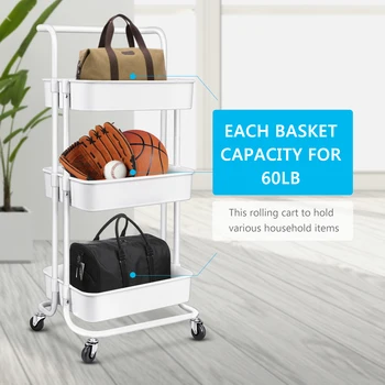 

HOMEMAXS 3-Tier Rolling Utility Cart Storage Shelves Multifunction Trolley Cart with Mesh Basket Handles and Wheels for Kitchen
