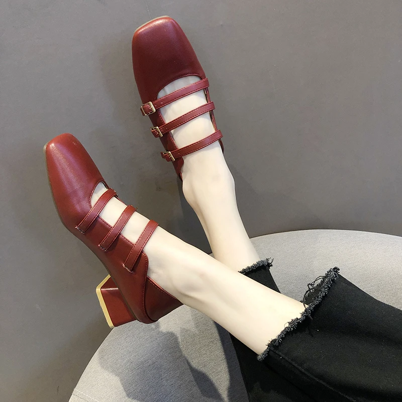 Женские тонкие туфли mary janes в стиле ретро с квадратным носком осенние женские туфли на толстом каблуке с пряжкой и ремешком, бабушкины туфли кожаные неглубокие Лоферы мюли