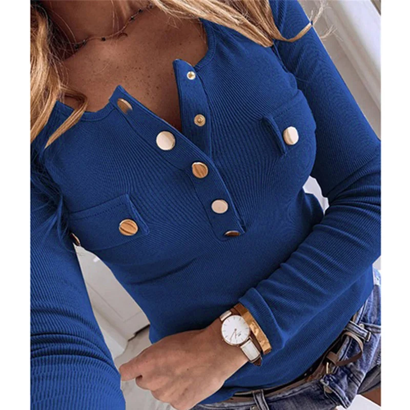 03 Dark Blue Элегантная трикотажная блузка с металлическими пуговицами, весна, рубашка с v-образным вырезом и длинным рукавом, Женские однотонные Осенние Топы, пуловер - Цвет: 03 Dark Blue