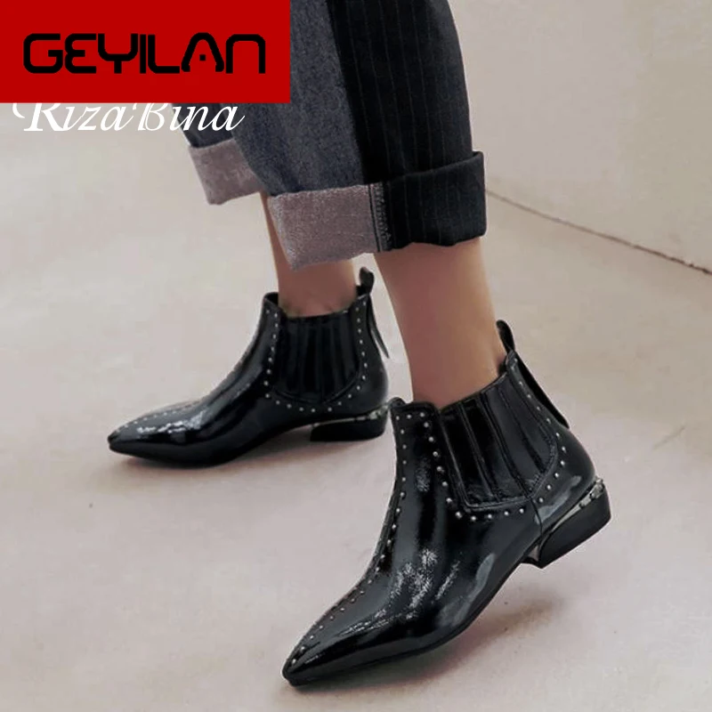 

Sexy Patent Leather Women Ankle Boots Pointed Toe Rivets Flats Shoes Autumn Winter Daily Women Footwear Size 32-43
