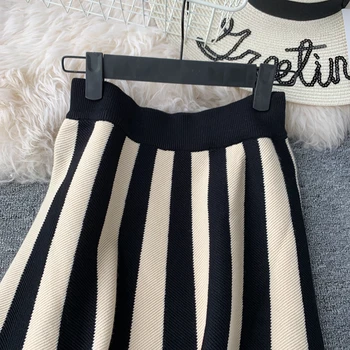 

2020Women's Knit Skirt Striped Color Blocked Autumn High Waist elastic A-line Big Swing Skirts Japan Harajuku Female Falda LS147