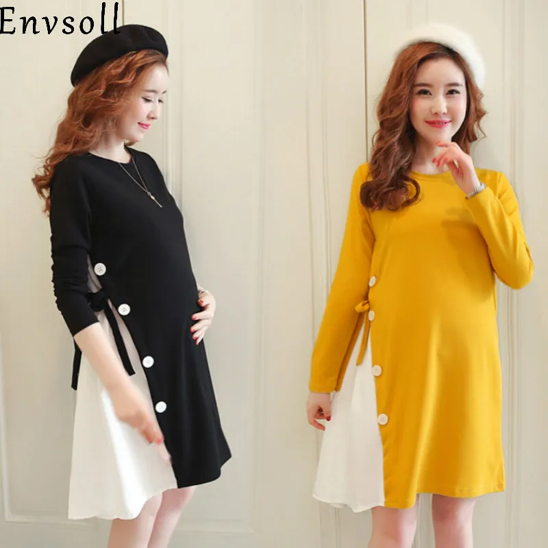 Envsoll-robes de maternité en coton | Vêtements de maternité, manches longues, noir et jaune, pour femmes enceintes, nouvelle collection automne