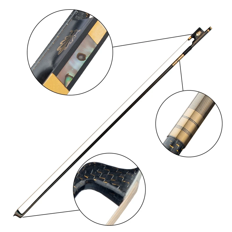 Plaid Pattern Carbon Fiber Bow Gold Wire Inlaid Peacock Flower Frog Black Gold Winding White Horsetail 4/4 Violin Bow