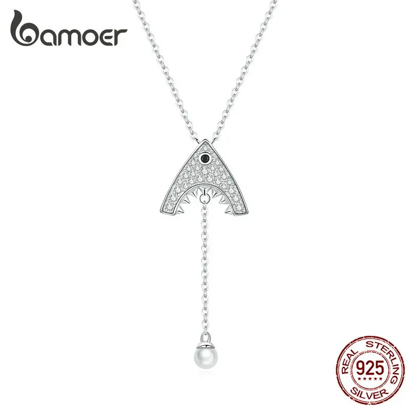 

bamoer Silver 925 Shark Pendant Necklace for Women Statement Wedding Jewelry 925 Sterling Silver Pearl Luxury Jewelry SCN369