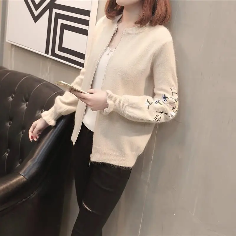 Light Brown Осенняя одежда, вязанный кардиган с рукавами, женский свободный свитер с вышитыми листьями лотоса, пальто, Повседневный свитер на молнии с круглым вырезом - Цвет: Light Brown