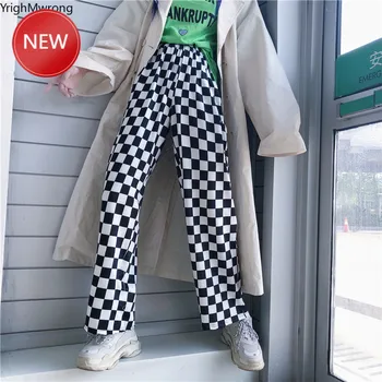 

High Waist Loose Tracksuit Checkerboard Plaid Trouser Hip Hop Streetwear Cargo Straight Pant Harajuku Women Plus Korean Style