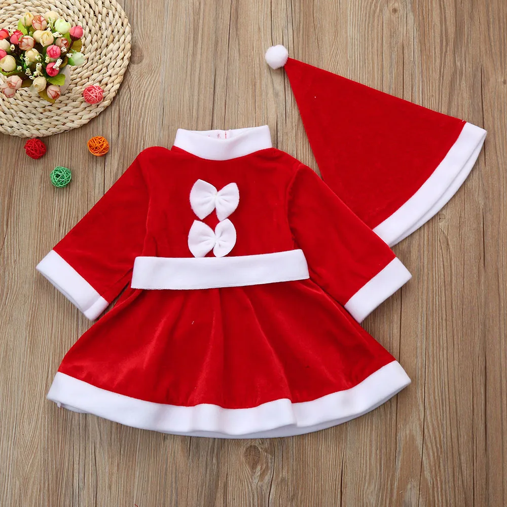 Детский Рождественский праздничный костюм с бантом для маленьких девочек праздничное платье+ шляпа комплект с красным хлопковым платьем#2