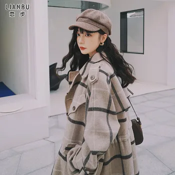 

Plaid woolen coat women's middle long small man autumn winter 2020 new Korean loose woolen coat British style