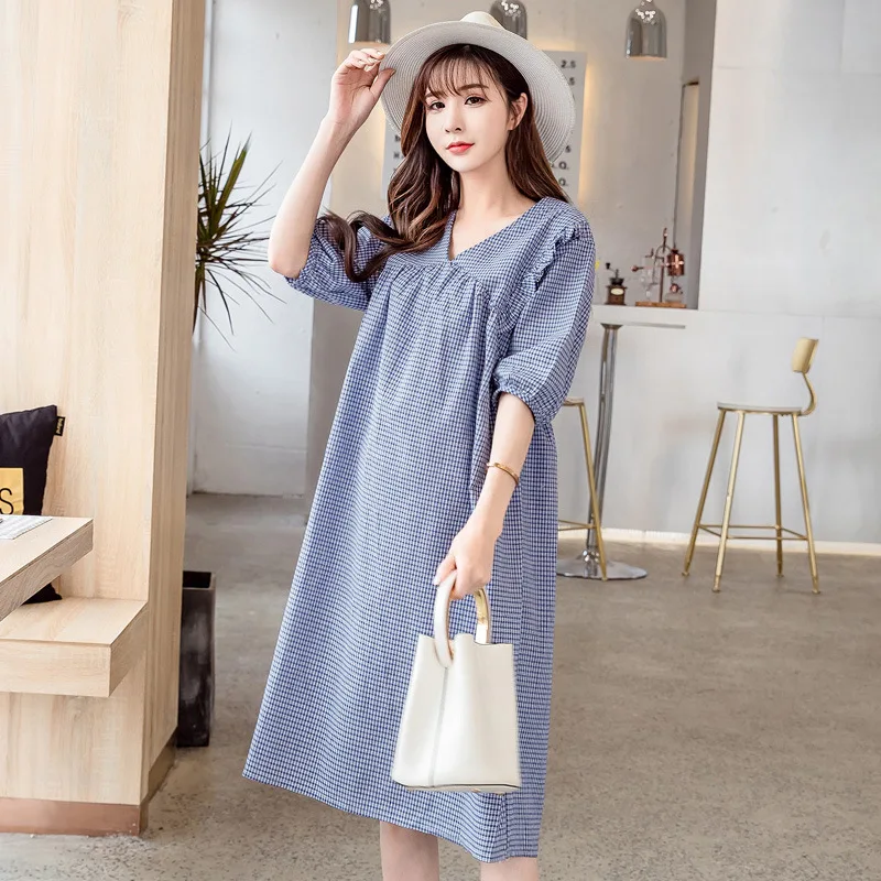 

Maternity Clothes Dress 2019 Summer New Style Fashion Loose Mid-length Pure Cotton Plaid Tops Pregnancy Skirt Fashion