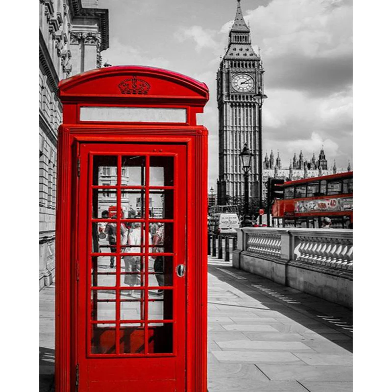 5D DIY Diamond Painting Landscape London Red Telephone Booth,Red Bus Mosaic Cross Stitch Embroidery Scenery Big Ben