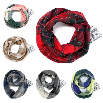 

Women Men Winter Travel Pashmina Plaid Infinity Scarf with Hidden Zipper Pocket