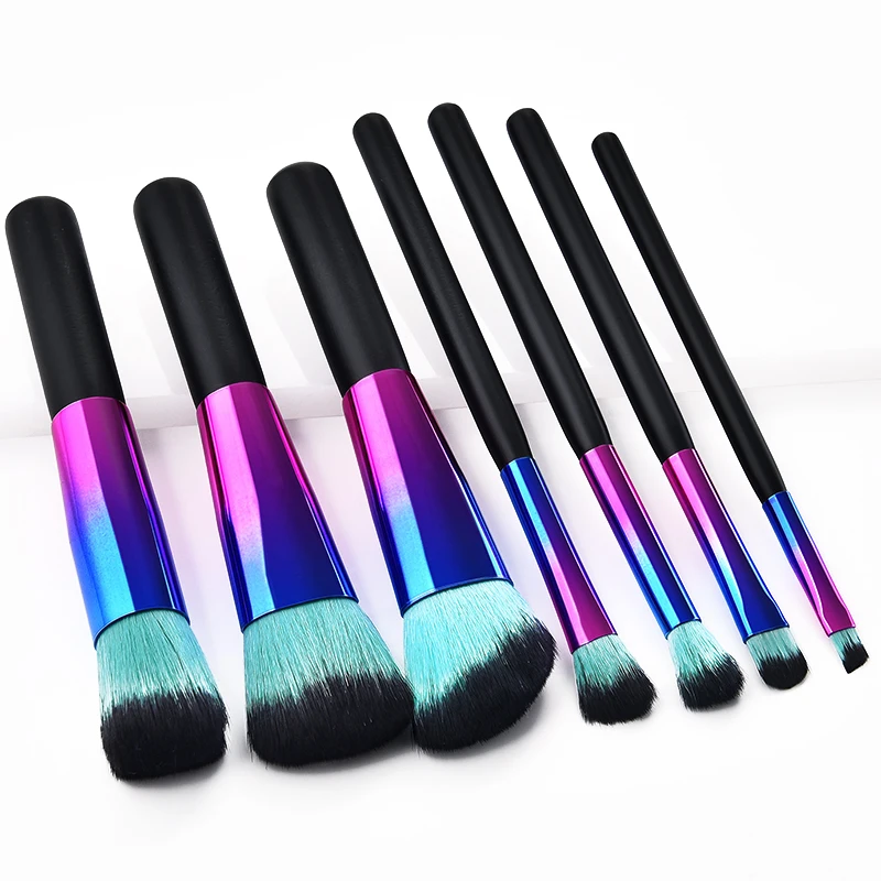 LR Portable 7 makeup brushes set of brushes loose powder Eye shadow Bright tube Blue wooden handle makeup tools Beauty For lady