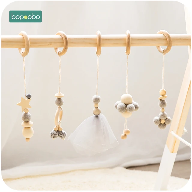 Bopoobo 5pc/set Baby Rattle Wooden Crib Mobile  Kapok Flower Hanging Decor Chewable Teether Toys BPA Free Baby Teething Products 1