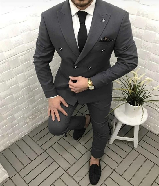 Traje de hombre gris oscuro doble botonadura traje para padrinos boda solapa novio trajes de hombre boda Prom Best Man Blazer (chaqueta pantalón)|Trajes| - AliExpress