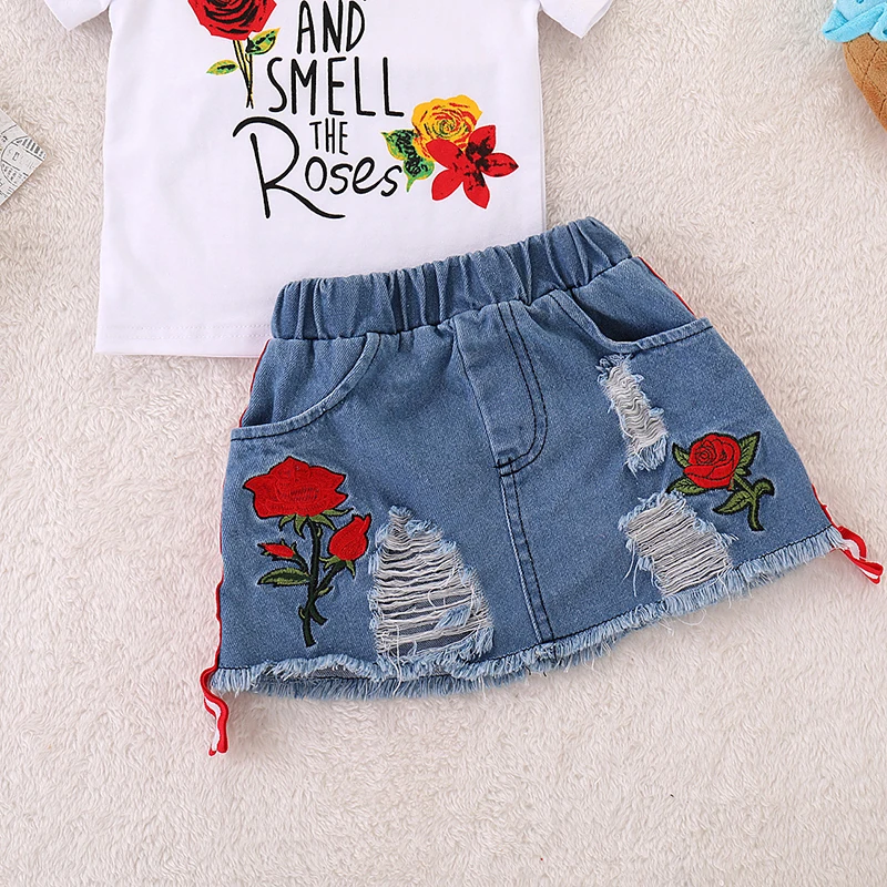 Kids Set Children's Clothes Suit Summer Flower Print Set Top+Denim Skirt 2Pcs Toddler Children Outfits Clothing Sets kids clothing set girls clothing set