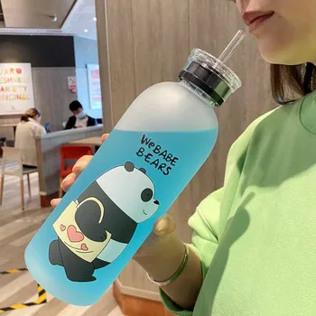 

1000ml Frosted water Bottles kungfu Panda Transparent Plastic Bottle Cartoon Leak-proof Drinkware Cute Student Girl Gift Cup