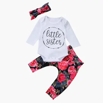 

Newborn Toddler Baby Girls Clothes Set Clothing Little Sister Long Sleeve Bodysuits Flower Pants Headband Girl Outfits 3Pcs