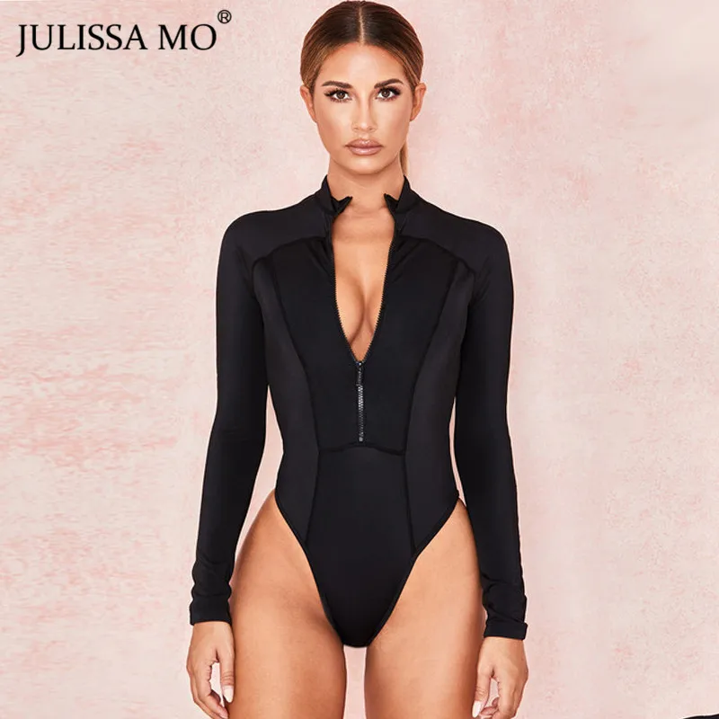 Julissa mo, черный облегающий боди с длинным рукавом, женские топы, модные базовые облегающие Комбинезоны на молнии,, Женский Повседневный эластичный комбинезон