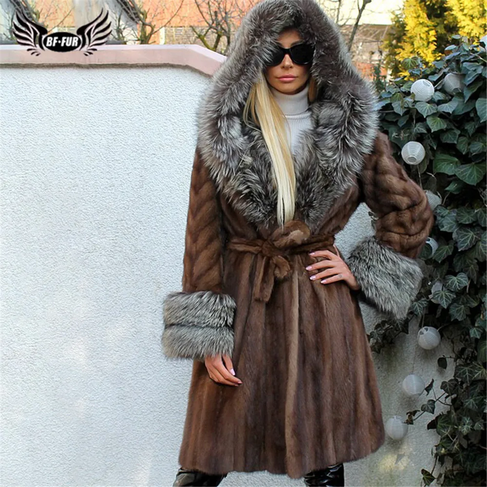 

BFFUR Long Mink Fur Coats For Women Natural Genuine Mink Fur Jackets With Silver Fox Fur Hood And Cuff Luxury Overcoats Woman