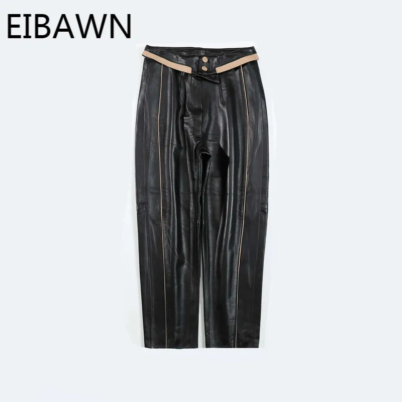 

2020 AutumnNew Leather Pants Women's High Waist Contrast Color Nine-point Pants Sheep Skin Straight Loose Casual Harem Pants