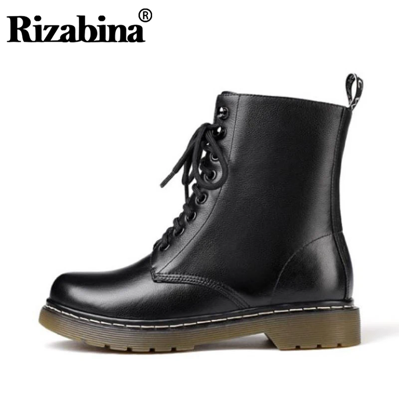 

RIZABINA Winter Flats Boots Women Genuine Leather Short Boots Autumn Ins Fashion Lace Up Student Casual Shoes Women Size 34-39