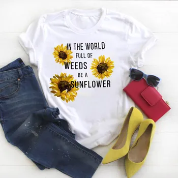 

Women Shirt Womens Cartoon Sunflowers Letter Tshirt Tees Graphic Top Printed Ladies Clothes Kawaii Short Sleeve Female T-shirt