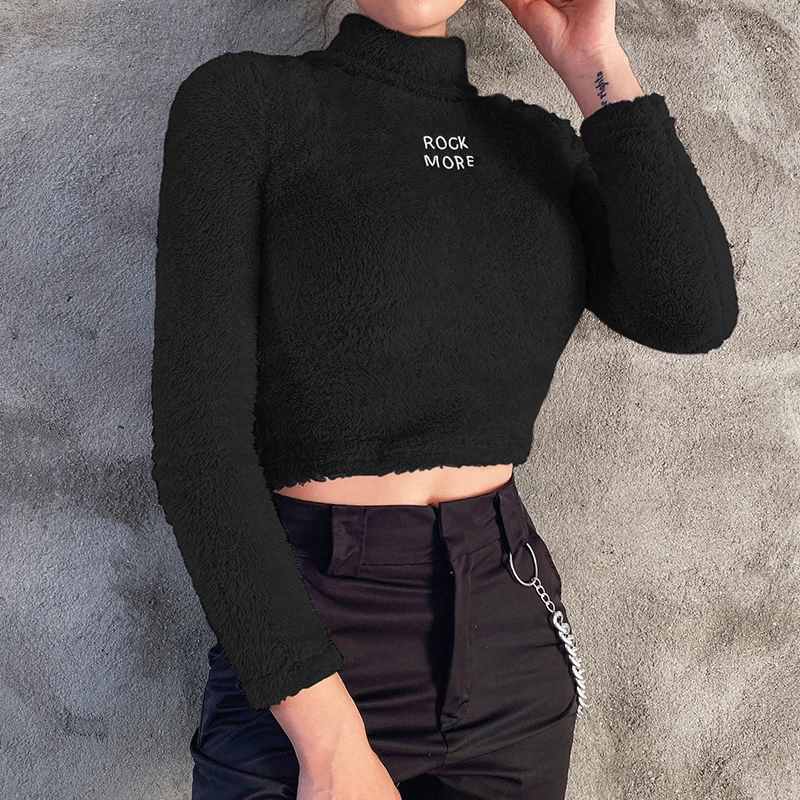 

HEYounGIRL Furry White Long Sleeve Women T-shirt Embroidery Turtle Neck Womens Tshirts Casual High Street Tee Shirt Femme Autumn
