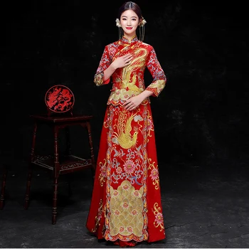 

Chinese Style Women Bride Wedding Dress Full Sleeve Qiapo Mandarin Collar Cheongsam High Quality Phoenix Embroidery Party Gown