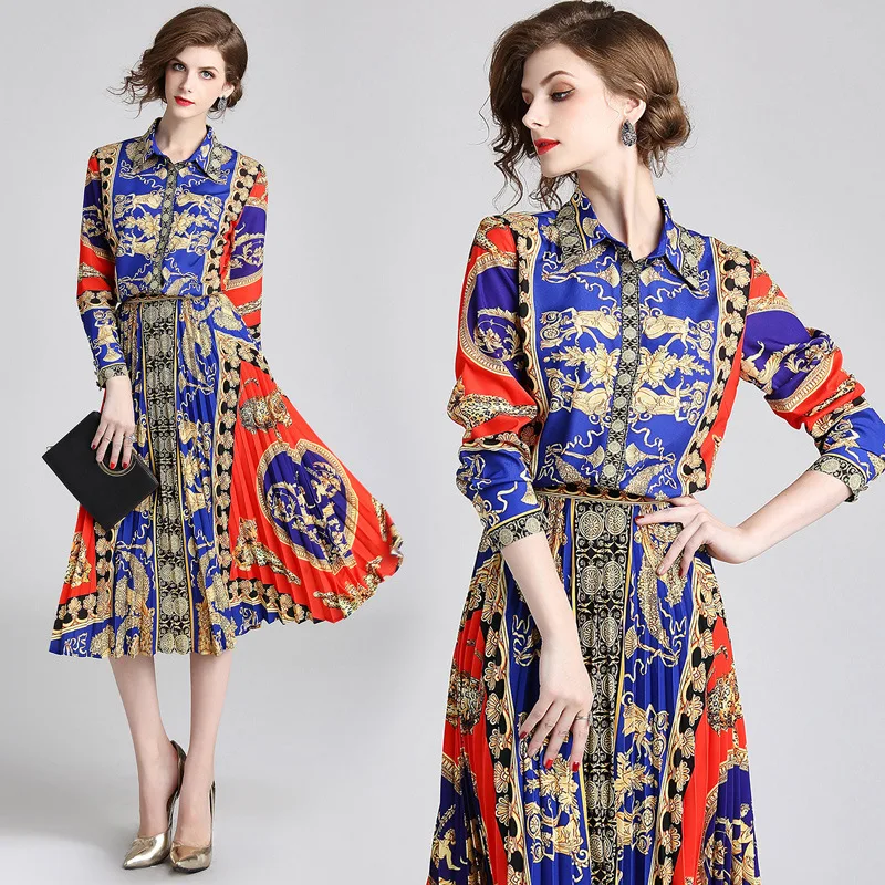 

2018 New Style Fold-down Collar Long Sleeve Retro Color Matching Print Shirt + Mid-length Pleated Skirt Fashion Casual WOMEN'S S