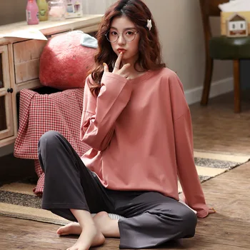 

2020 Solid Color Knitted Cotton Pajamas Women's Long-sleeved Pajamas for Women Plus Size Student Two-piece Home Service