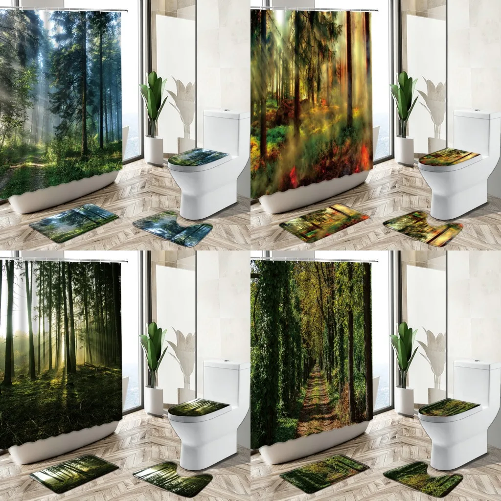 

Занавеска для душа с изображением туманного леса и природного пейзажа, декор для ванной комнаты с зелеными растениями и солнечными лучами, нескользящее покрытие, набор ковриков для ванной