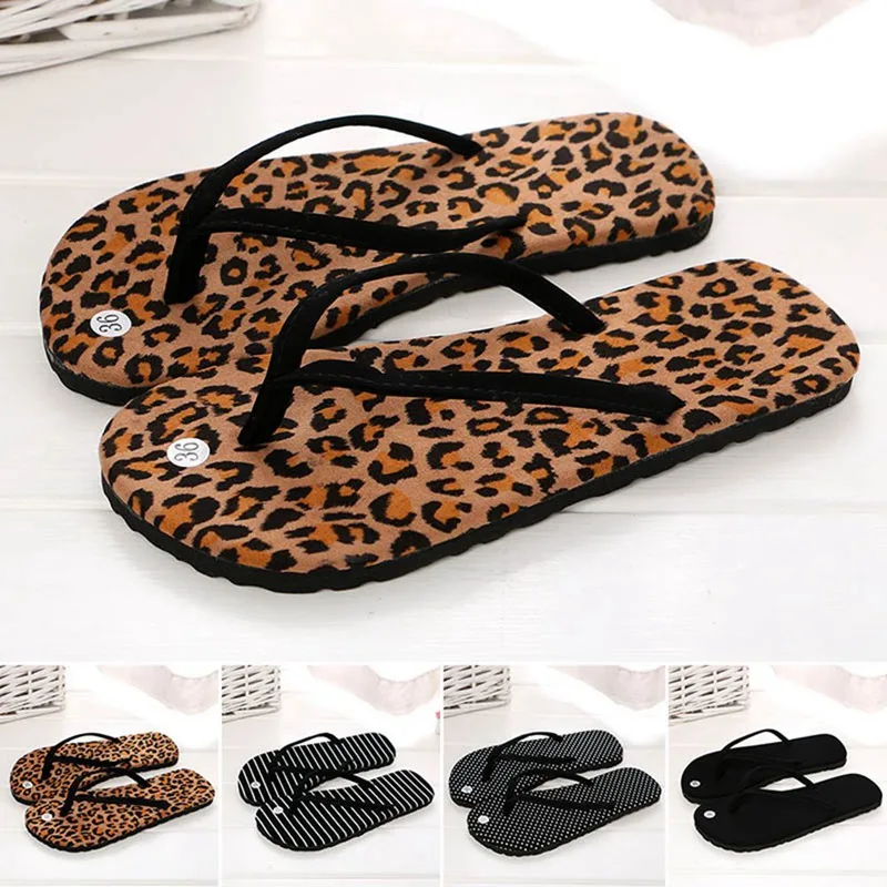 

2020 Women Fashion Flat Shoes Striped Dot Leopard Flip Flops Sandals Anti-slip Slippers Summer Outdoor Wear PU Belt Shoes