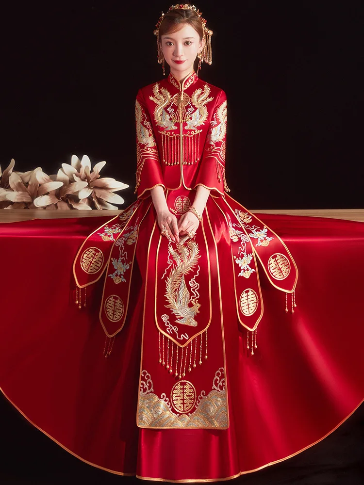 Chinese Style Couple Cheongsam Traditional Phoenix Embroidery Qipao Oriental Wedding Dress Robe Vestido Size S-2XL