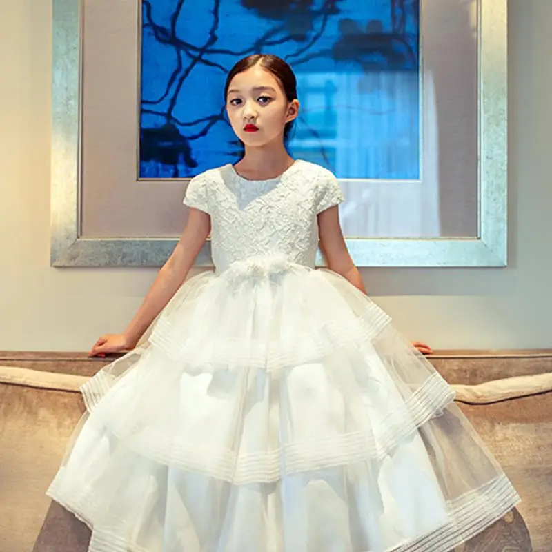 

Girls Pageant Formal Clothes New Year Party Princess Dress Kids Black Lace Flower Dresses White Sleeveless Ball Gowns
