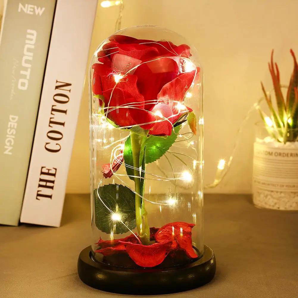 Красная роза в колбе светодиодный светильник в виде цветка розы стеклянный купол черная основа для Дня матери день рождения День Святого Валентина подарок светодиодный лампы с розами