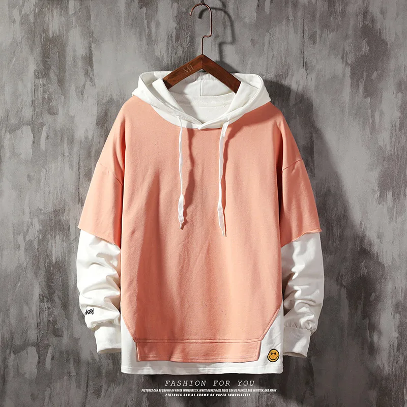 

Cool Sweatshirt Men College patchwork Long Sleeve Pullover contrast Hoodies Sweatshirt Solid color Smiley face Men high quality