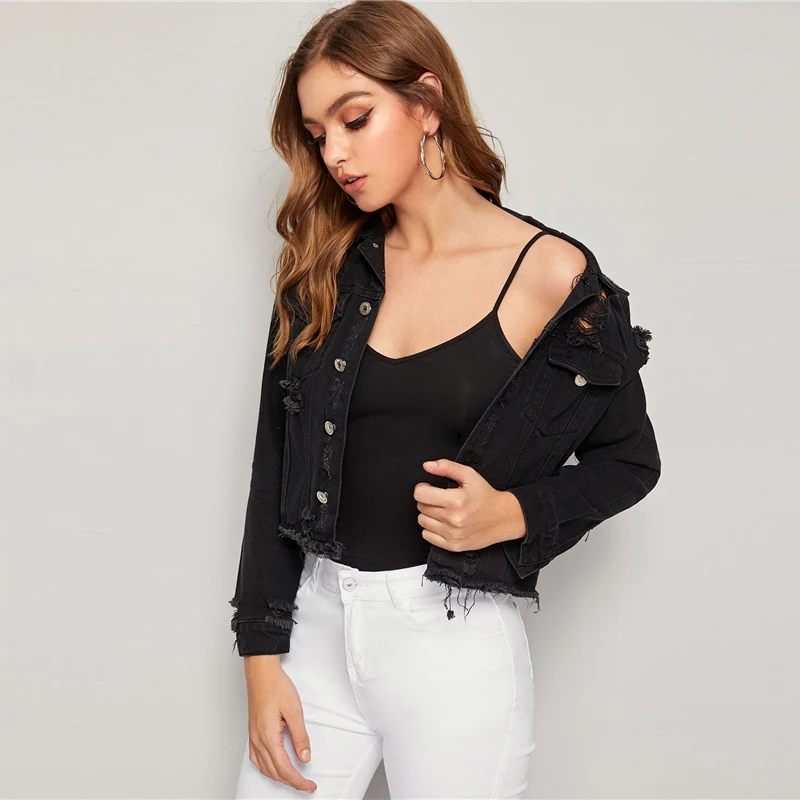 Dotfashion черная джинсовая куртка с потертостями на подоле для женщин Осенняя однотонная укороченная куртка женская однобортная верхняя одежда с рваными деталями