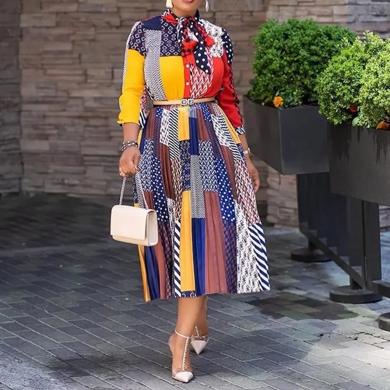 

Office Lady Bow Collar Print A-Line Color Block Dress Casual Fit And Flare OL Pleated Dress 2019 Autumn Winter Women Fashion