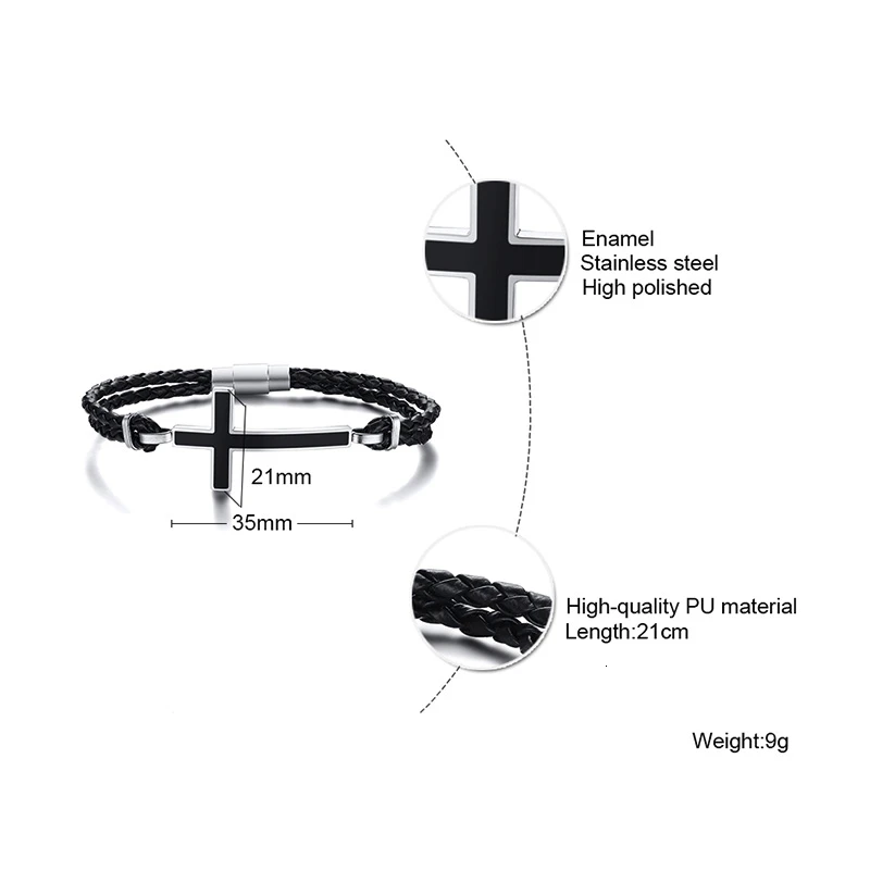 MEN BLACK CROSS DOUBLE BRAIDED LEATHER BRACELET MAGENTIC CLASP MEN'S JEWELRY GIFT FOR HER - Image 2