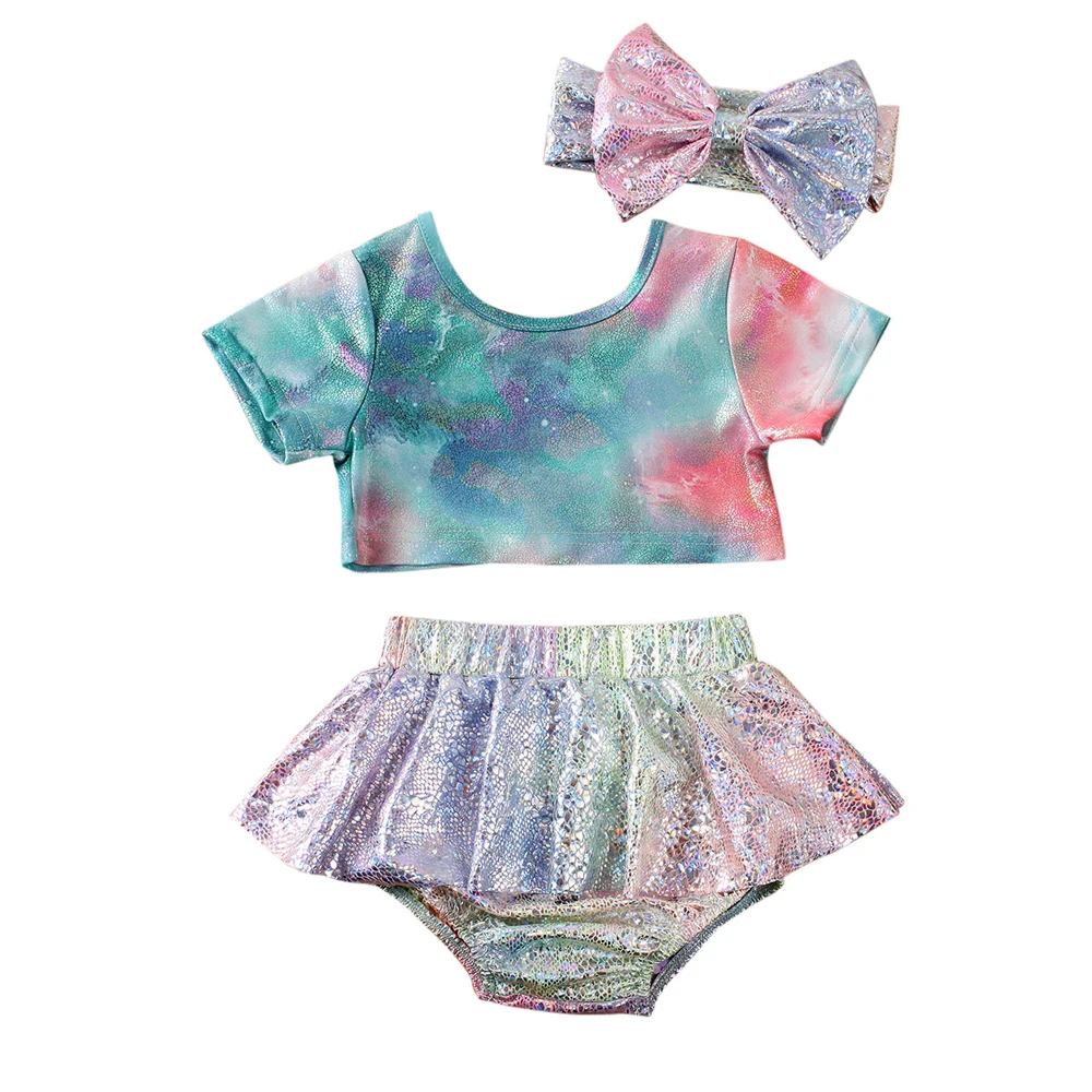 Toddler Kids Baby Girls Clothes Set Summer Gradient Short Sleeve Tops Mini Skirt Bow Headband Headdress Outfits Clothing 3Pcs | Мать и