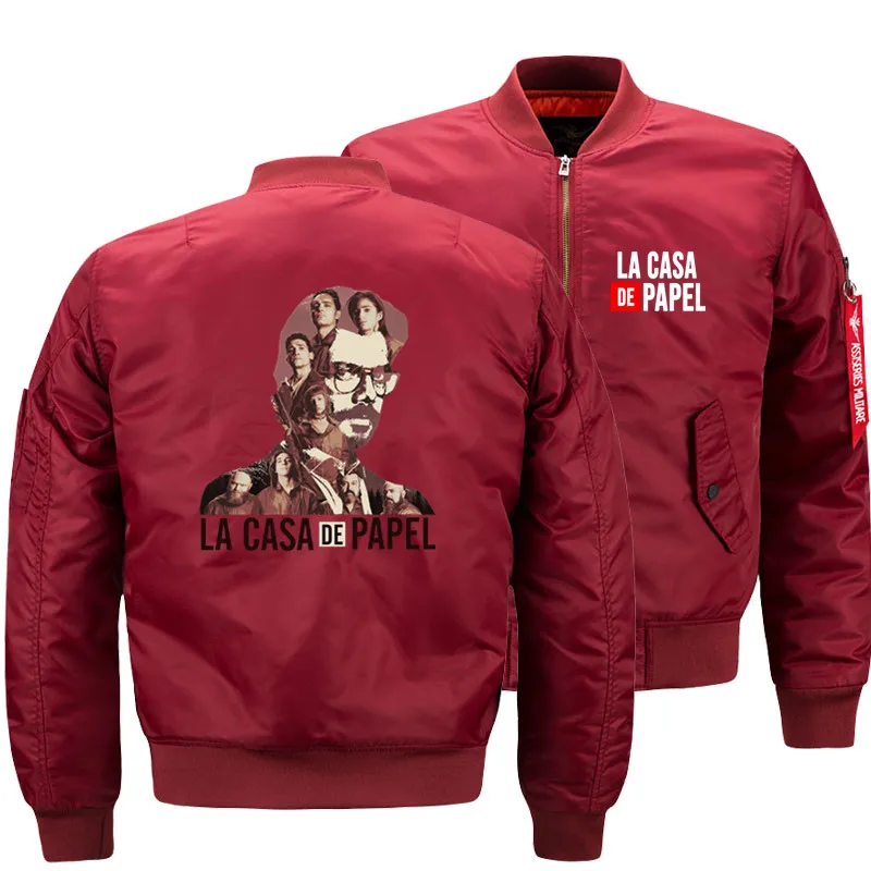 Дропшиппинг La Casa De Papel Money Heist House Of paper мужские куртки-бомберы пальто Ma1 толстые военные мотоциклетные размеры США 5XL - Цвет: Бургундия