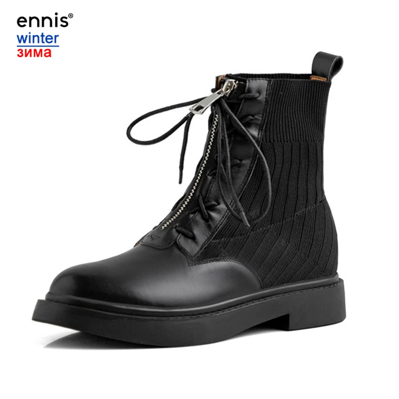 Black Plush Inside ENNIS/Ботинки martin из натуральной кожи; зимние женские ботинки на плоской подошве с молнией спереди; ботильоны на платформе; Цвет Черный; трикотажная растягивающаяся обувь; A9338 - Цвет: Black Plush Inside