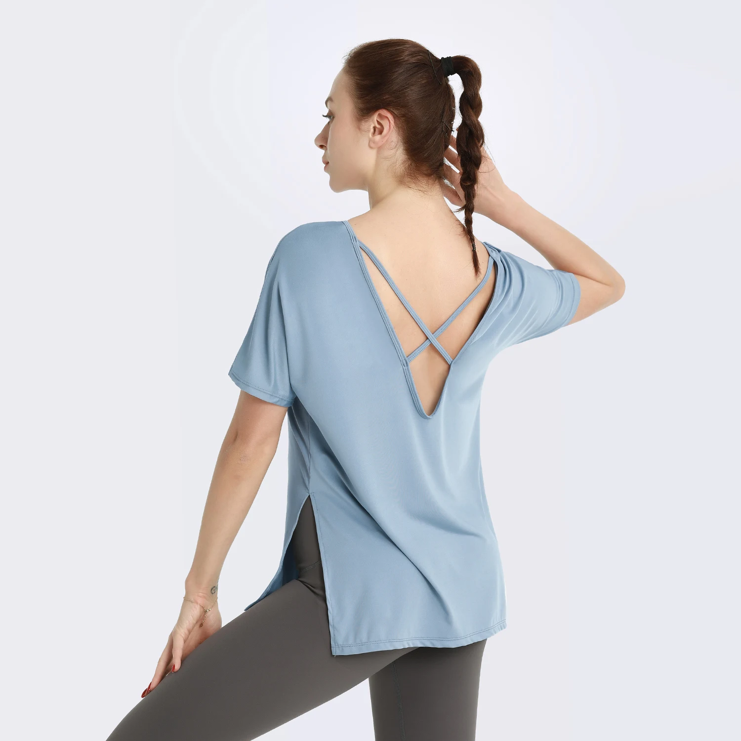 F.DYRAA Women Hollow Back Yoga Shirts Short Sleeve Top Sports T-Shirts Quick Dry Breathable Gym Shirts Female Fitness Sportswear