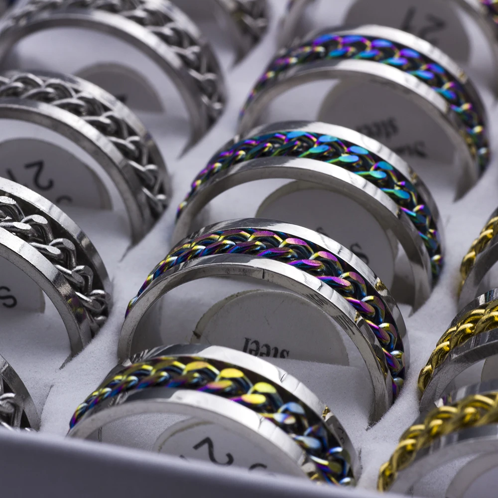 20pcs/lot Cool Spinner Chain Titanium Steel Rotatable Rings For Women Men Jewelry Party Gifts Mix Color Wholesale 5