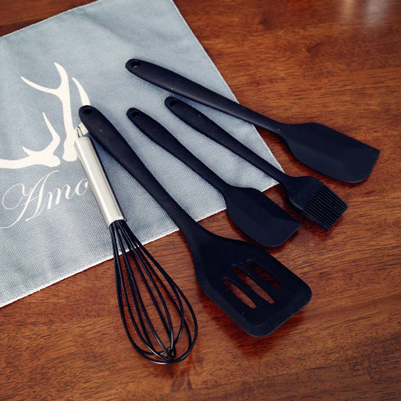 5 шт. черные или красные силиконовые инструменты для приготовления пищи, наборы антипригарных яиц, ложка, лопатка, кухонная утварь, набор посуды, аксессуары