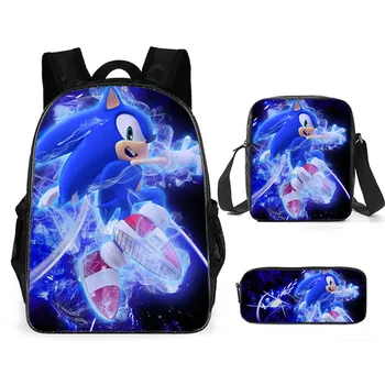 

16 Inch Cartoon Sonic Printing Boys Girls School Backpack 3 Pcs School Bag Children Mochilas Escolares Bolsa Freeship