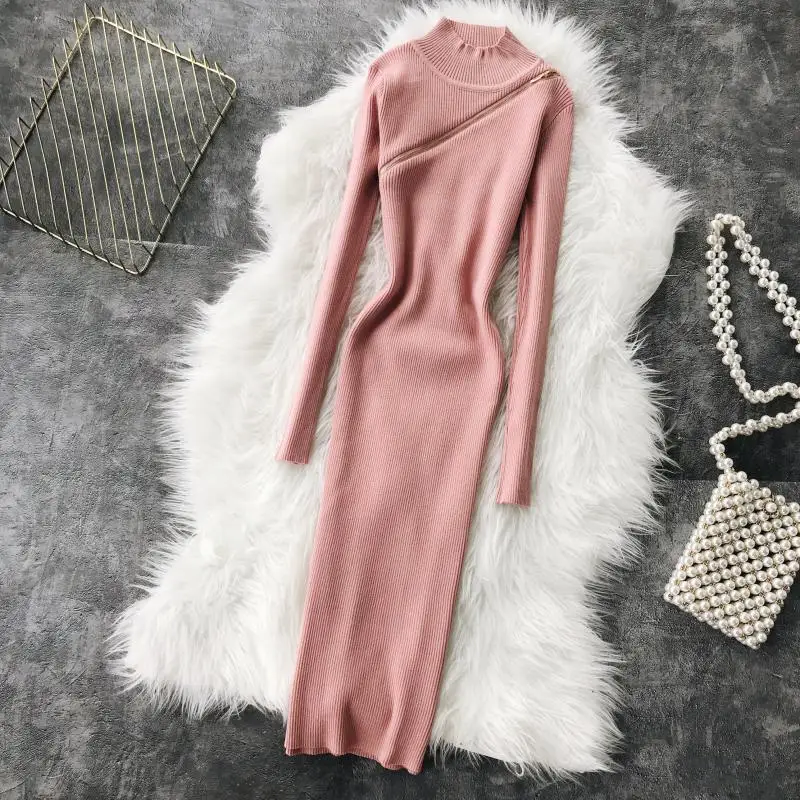 

Woman 2019 Autumn Winter New Zipper Stand Collar Thin Long Sleeved Casual Sweater Dress Solid Color Package Hip Vestidos J077