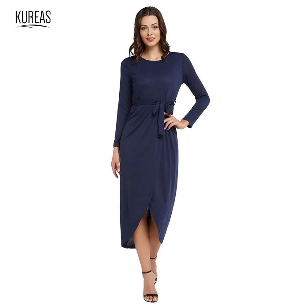 

Kureas Knitted Dresses Autumn Winter Long Sleeve Women Dress Midi Split Elegant Evening Party with Waistband