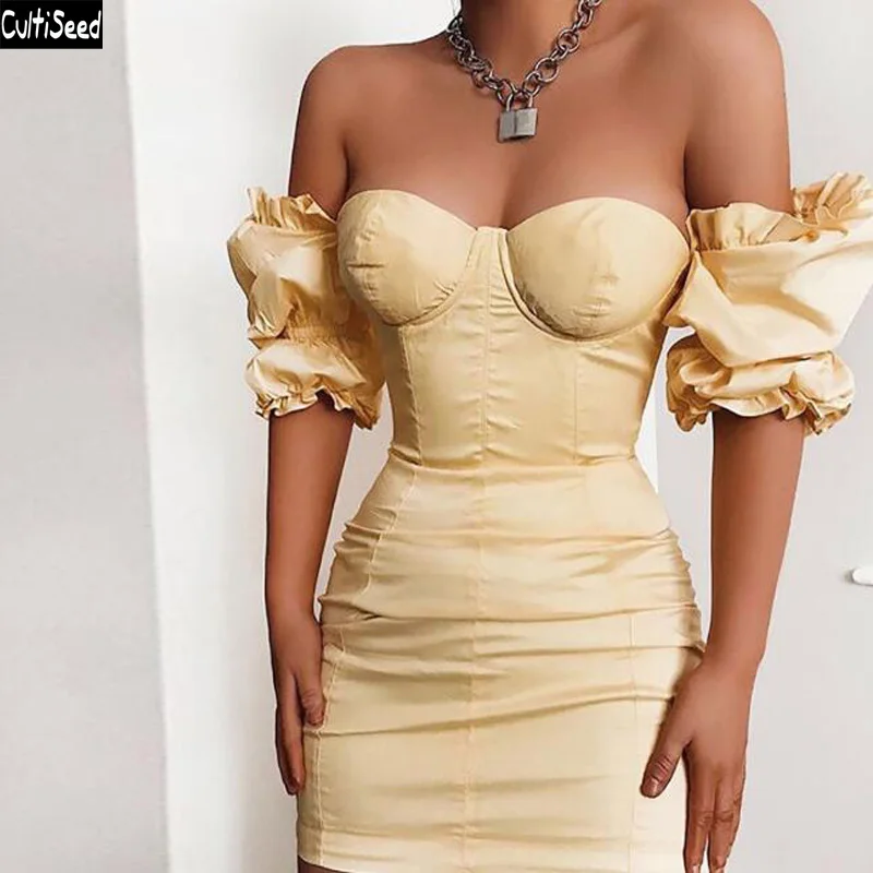 

Cultiseed Women Sexy Strapless Slim Hip Nightclub Party Dress Female Fashion Solid Color Ruffles Mini Dress Ladies Summer Dress