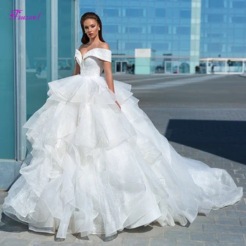 

Fsuzwel Sexy Boat Neck Zipper Ball Gown Wedding Dresses 2020 Luxury Beaded Lace Ruffles Organza Court Train Vintage Bridal Gown